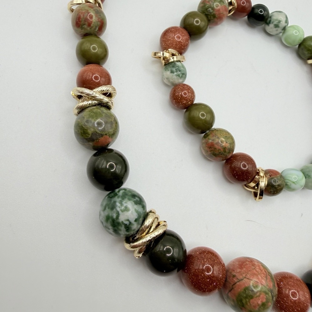 Necklace, Bracelet, Earring Jewelry Set of 3 Beads Green Brown Gold NEW Pierced - Picture 8 of 10